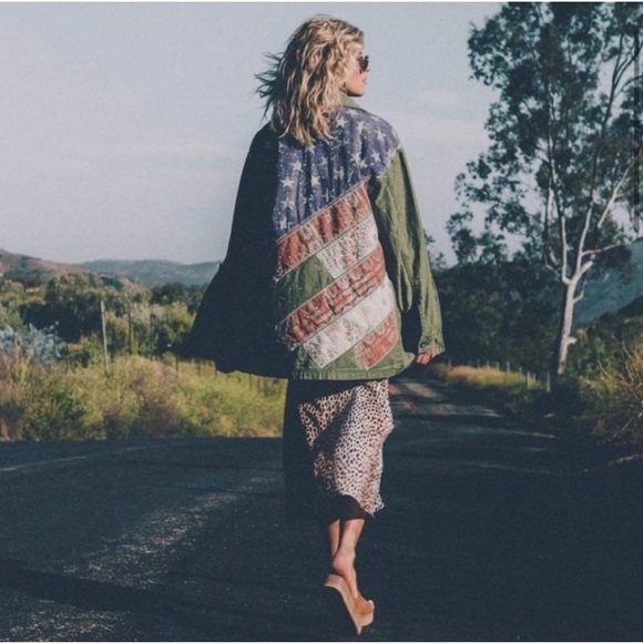 FREE PEOPLE Sz S SPRUCE MILITARY SHIRT JACKET AMERICAN FLAG ARMY GREEN Was $228 - Picture 3 of 17